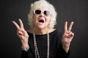 Cool grandmother showing peace sign