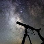 Woman and night sky. Watching the stars Woman with telescope.