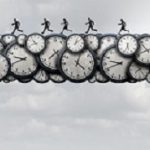 Working overtime health risk and work exhaustion symbol as business people running away from falling clock objects as a corporate stress metaphor with 3D illustration elements.