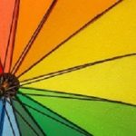 Autumn background, close up of colorful umbrella in the rain with copy space