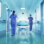 Bright lights at the end the hospital corridor. The concept of life and death.