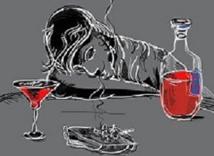 Illustration of a drunk man sleeping at the table