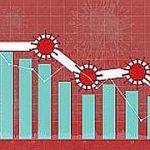 Stock market down on coronavirus fears, Economy down with coronavirus 2019-nCov, Pandemic virus, Stock market crisis red price arrow down chart fall. 3d rendering.