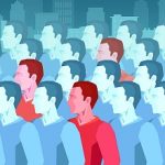 Vector of a large group of people with few men being infected with contagious pathogen