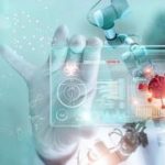 Medicine doctor and robotics research and analysis. Diagnose checking coronavirus or covid-19 testing result with modern virtual screen in laboratory, Inhibition of disease outbreaks and Medical technology.