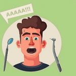 Dentist looking into open mouth of patient. Funny afraid person. Cartoon vector illustration