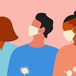 Wuhan Novel coronavirus (2019-nCoV), women and men with medical face mask. Concept of coronavirus quarantine. The virus is like blots. Vector Illustration.