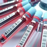 Lab equipment centrifuging blood. Concept image of a blood test.3d rendering.