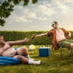 Two funny nerds relaxing in the backyard on the summer day