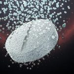 Effervescent soluble tablet pill in water on dark background. 3D rendering