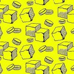 Seamless pattern with sugar cubes and stevia pills. Sweetness and sweetener. Hand drawn background with strokes. Vector sketch texture