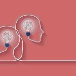 Vector of two human heads made of gears with light bulb shape inside.