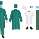 Bacteriological green protective suit set, vector isolated illustration