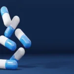 A group of antibiotic pill capsules falling. Healthcare and medical 3D illustration background. Medicine concept. Copy of space.