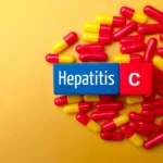 Top view medical pill and colored cube with the word Hepatitis C. Medical concept.