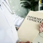 Doctor shows documents and informed consent form.